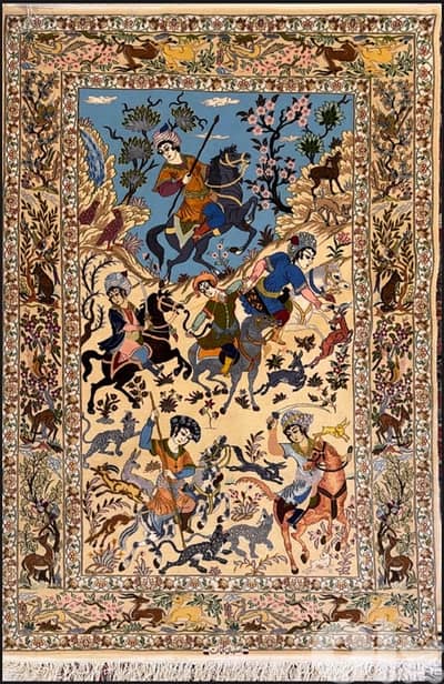 Tapis scène de chasse Art persan d'Ispahan  “ Rare “