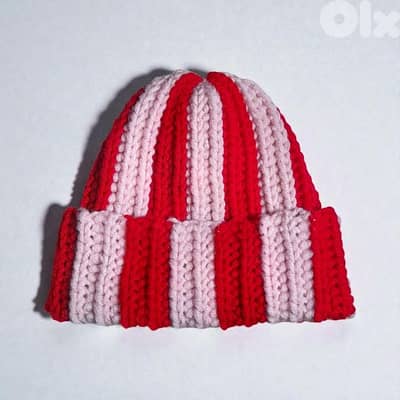 handmade crochet red and light pink striped ribbed beanie chunky