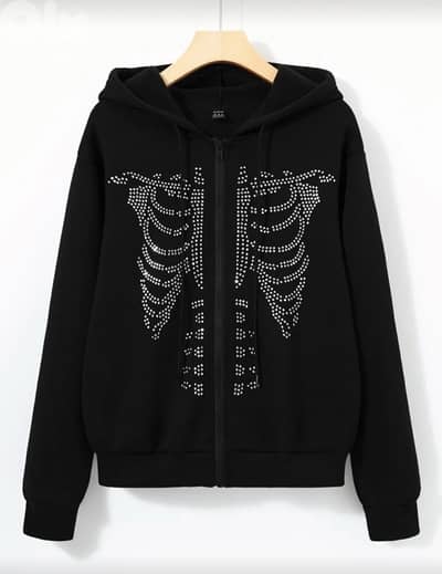 Rhinestone Skeleton Zip-Up Hoodie (Black)
