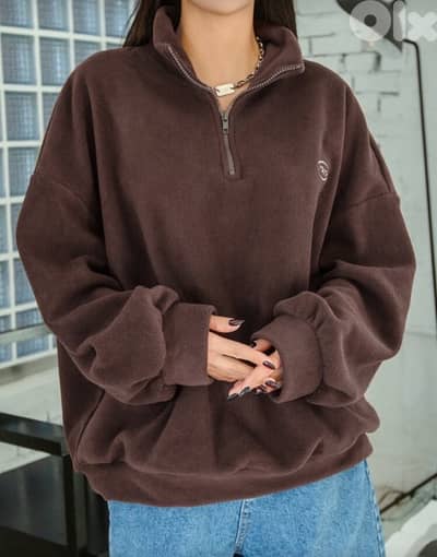 Brown Fleece Quarter-Zip Pullover (Relaxed Fit)