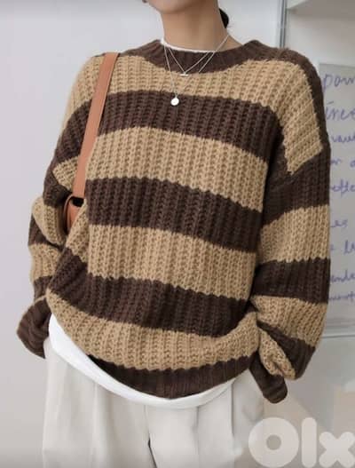 Brown & Beige Striped Chunky Knit Sweater (Relaxed Fit)