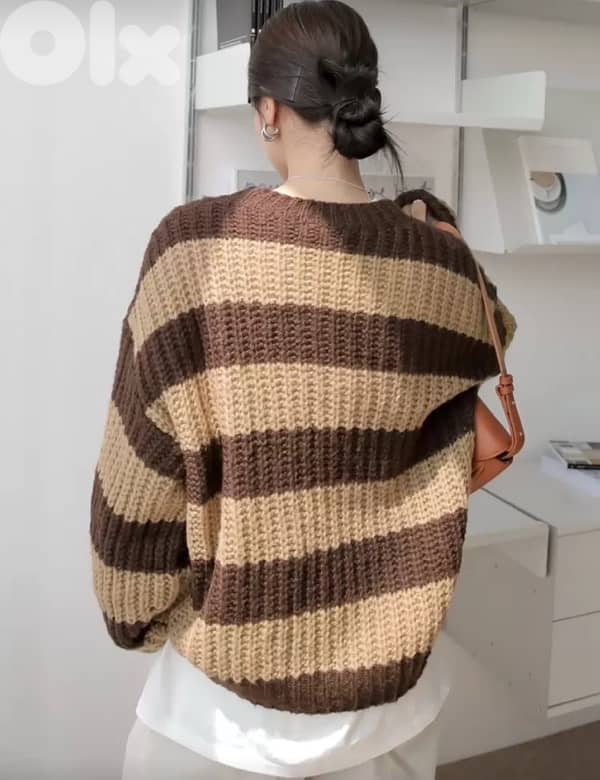 Brown & Beige Striped Chunky Knit Sweater (Relaxed Fit) 1