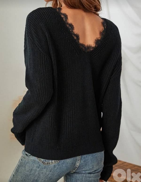 Black Off-Shoulder Ribbed Knit Sweater with Lace Trim (Relaxed Fit) 1