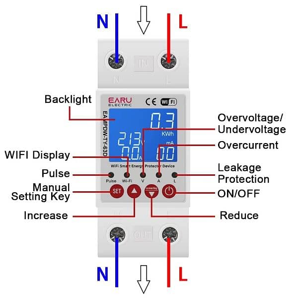 EARU Smart RCBO Circuit Earth Leakage 63A 3