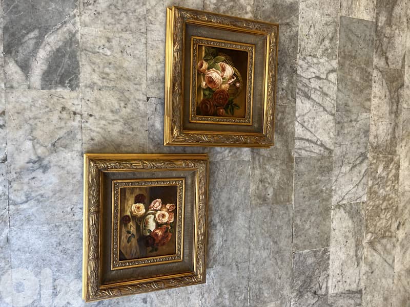 pair vintage oil painting with roses لوحة تابلو فرنسي عدد ٢ ورد 1