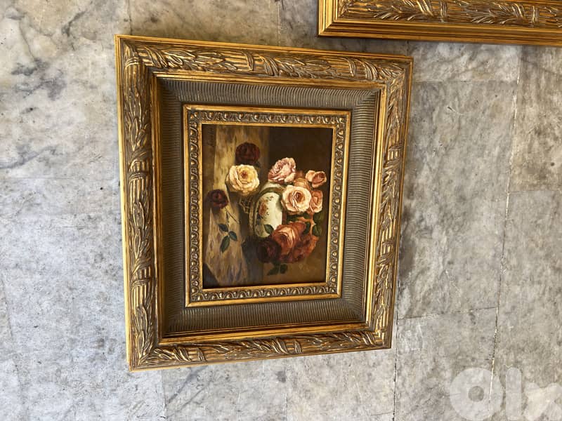 pair vintage oil painting with roses لوحة تابلو فرنسي عدد ٢ ورد 2