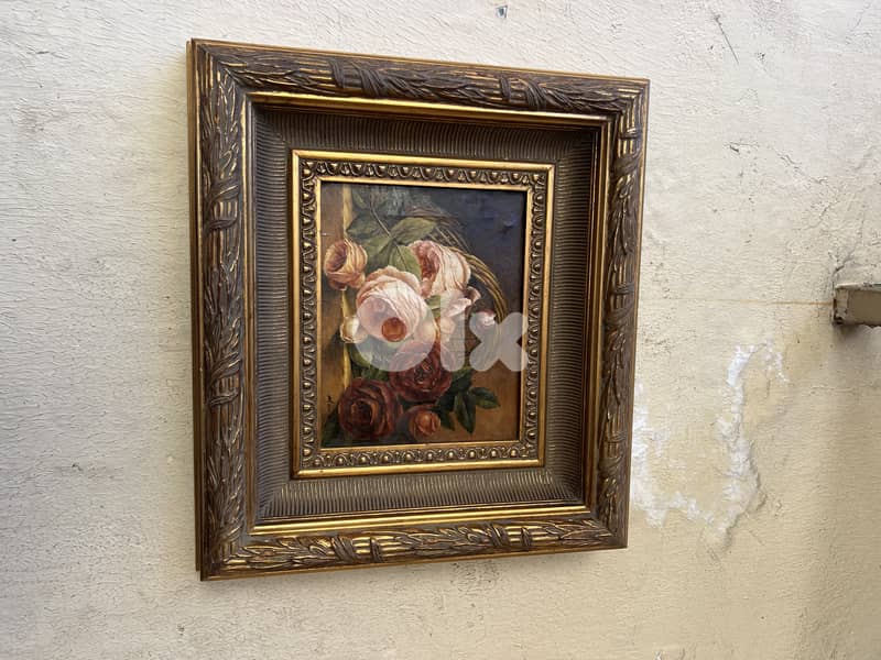 pair vintage oil painting with roses لوحة تابلو فرنسي عدد ٢ ورد 4