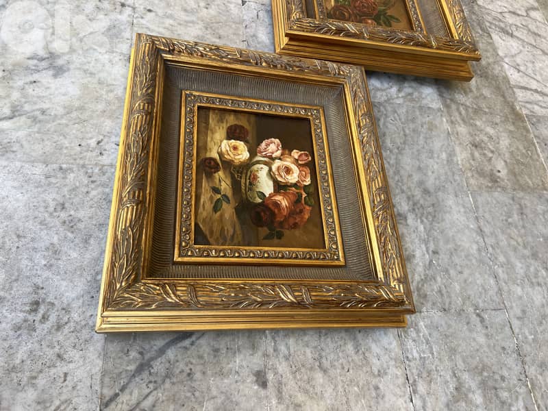 pair vintage oil painting with roses لوحة تابلو فرنسي عدد ٢ ورد 6