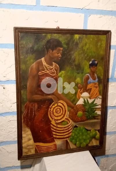 signed "Pueta" hand painted African Market Scene vintage