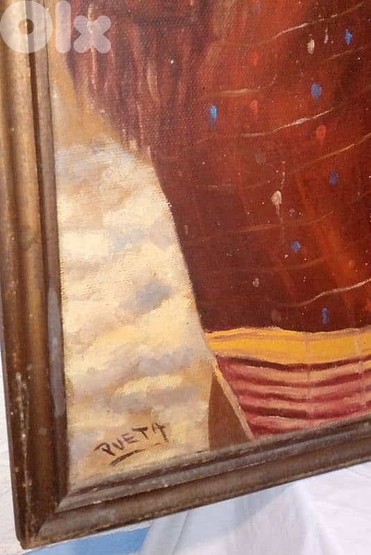 signed "Pueta" hand painted African Market Scene vintage 1