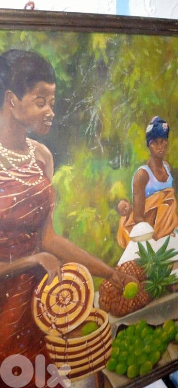 signed "Pueta" hand painted African Market Scene vintage 2