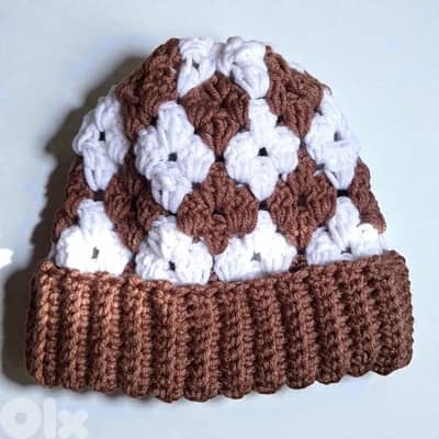 Handmade crochet soft and chunky diamond beanie adult brown and white