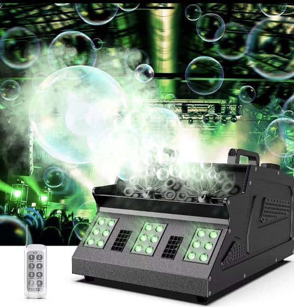 3 in 1 Fog Bubble& smoke Machine. 2 Bubble Fans, 7 CH RGB 18 LED Lights 1