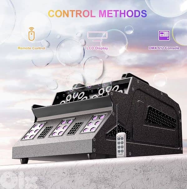 3 in 1 Fog Bubble& smoke Machine. 2 Bubble Fans, 7 CH RGB 18 LED Lights 2