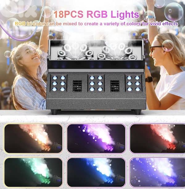 3 in 1 Fog Bubble& smoke Machine. 2 Bubble Fans, 7 CH RGB 18 LED Lights 3