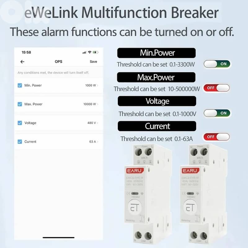 EARU 1P eWeLink WiFi MCB Smart Circuit Breaker 63A 2