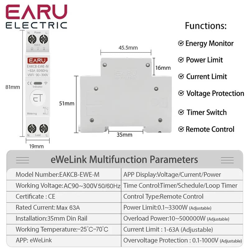 EARU 1P eWeLink WiFi MCB Smart Circuit Breaker 63A 3
