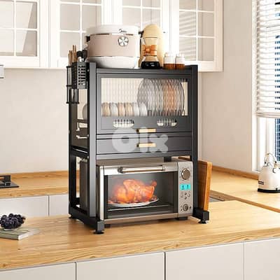 Carbon Steel Microwave Stand & Sealed Dish Cabinet with Knife Holder