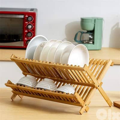 Bamboo Dish Drying Rack – Folding 2-Tier Wood Dish Drainer for Kitchen