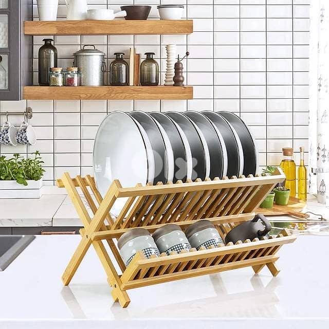 Bamboo Dish Drying Rack – Folding 2-Tier Wood Dish Drainer for Kitchen 1