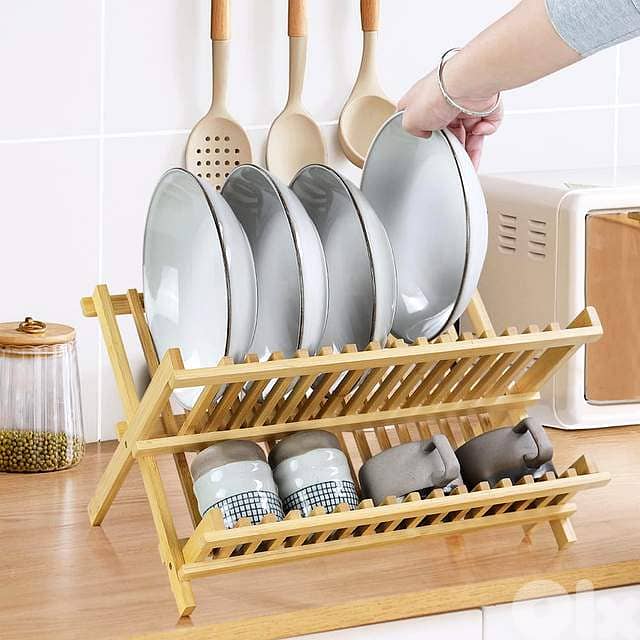 Bamboo Dish Drying Rack – Folding 2-Tier Wood Dish Drainer for Kitchen 2