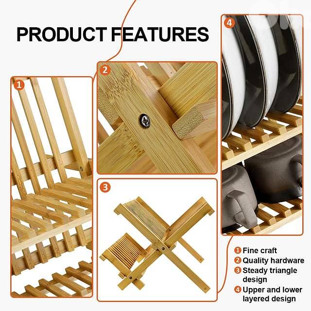 Bamboo Dish Drying Rack – Folding 2-Tier Wood Dish Drainer for Kitchen 5
