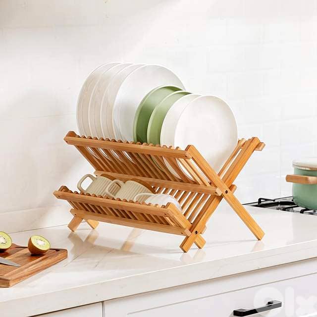 Bamboo Dish Drying Rack – Folding 2-Tier Wood Dish Drainer for Kitchen 7