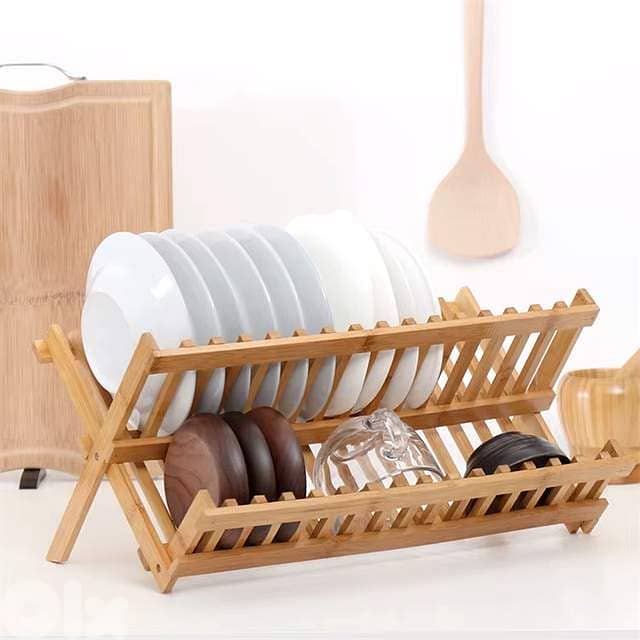 Bamboo Dish Drying Rack – Folding 2-Tier Wood Dish Drainer for Kitchen 8