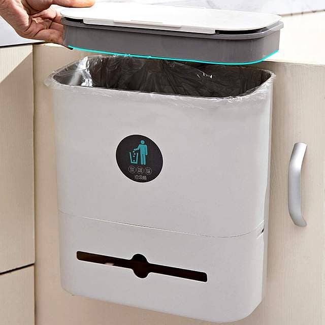 10L Hanging Waste Bin with Sliding Lid & Integrated Storage 2