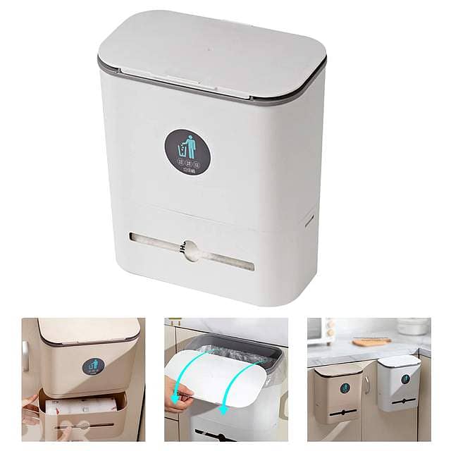 10L Hanging Waste Bin with Sliding Lid & Integrated Storage 5