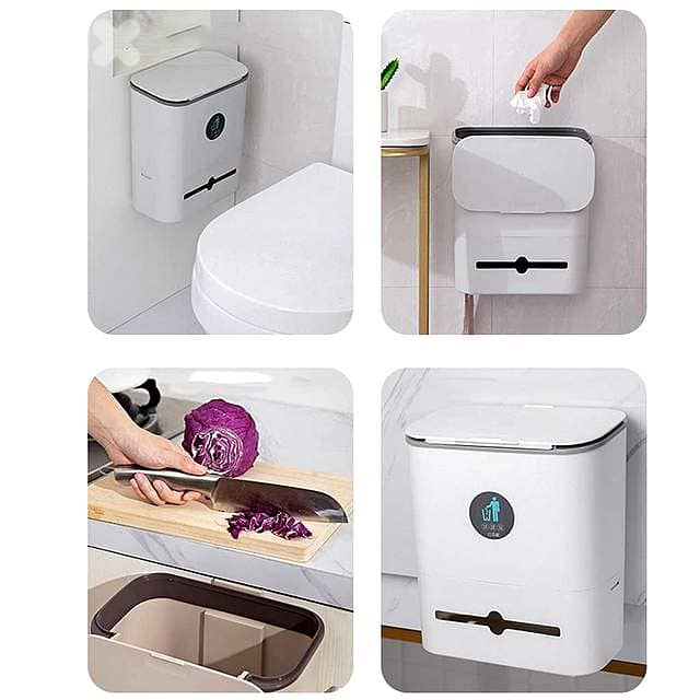 10L Hanging Waste Bin with Sliding Lid & Integrated Storage 6