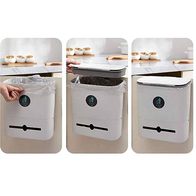 10L Hanging Waste Bin with Sliding Lid & Integrated Storage 7