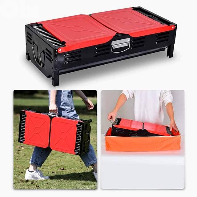 Portable Charcoal BBQ Station – Foldable Briefcase Grill with Shelves 11