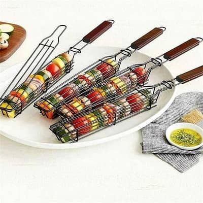 Non-Stick Kebab Grill Baskets (4-Pack) – Carbon Steel, Rosewood Handle