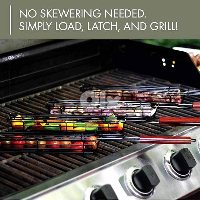 Non-Stick Kebab Grill Baskets (4-Pack) – Carbon Steel, Rosewood Handle 1
