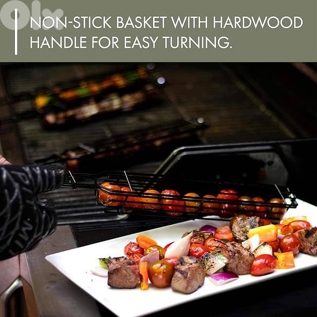 Non-Stick Kebab Grill Baskets (4-Pack) – Carbon Steel, Rosewood Handle 2