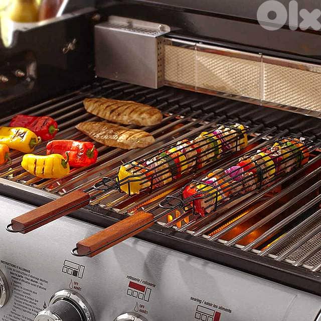 Non-Stick Kebab Grill Baskets (4-Pack) – Carbon Steel, Rosewood Handle 4