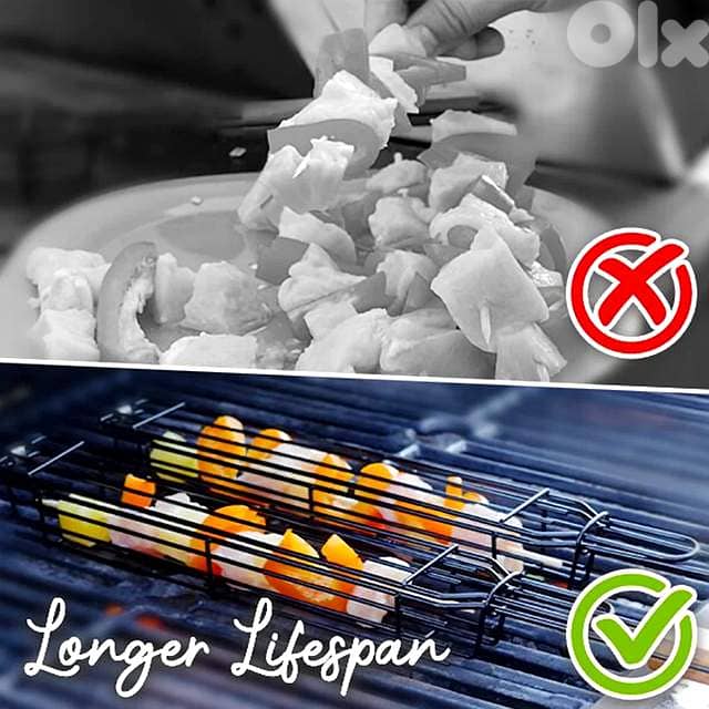 Non-Stick Kebab Grill Baskets (4-Pack) – Carbon Steel, Rosewood Handle 5