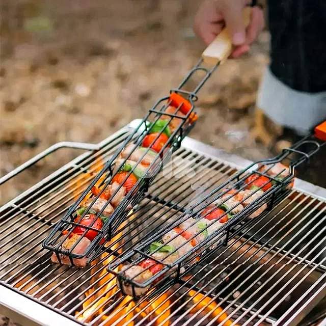 Non-Stick Kebab Grill Baskets (4-Pack) – Carbon Steel, Rosewood Handle 8