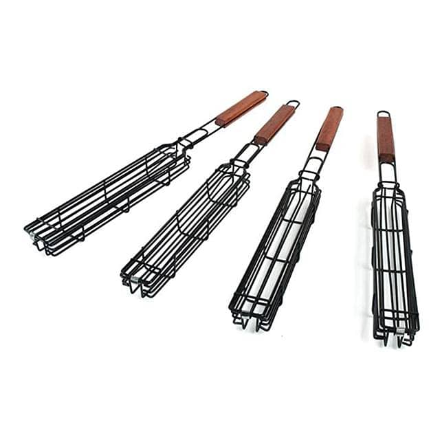 Non-Stick Kebab Grill Baskets (4-Pack) – Carbon Steel, Rosewood Handle 13