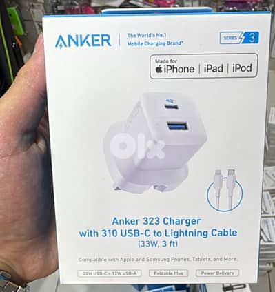 Anker 323 charger with 310 usb-c to lightning cable (33w,3ft)
