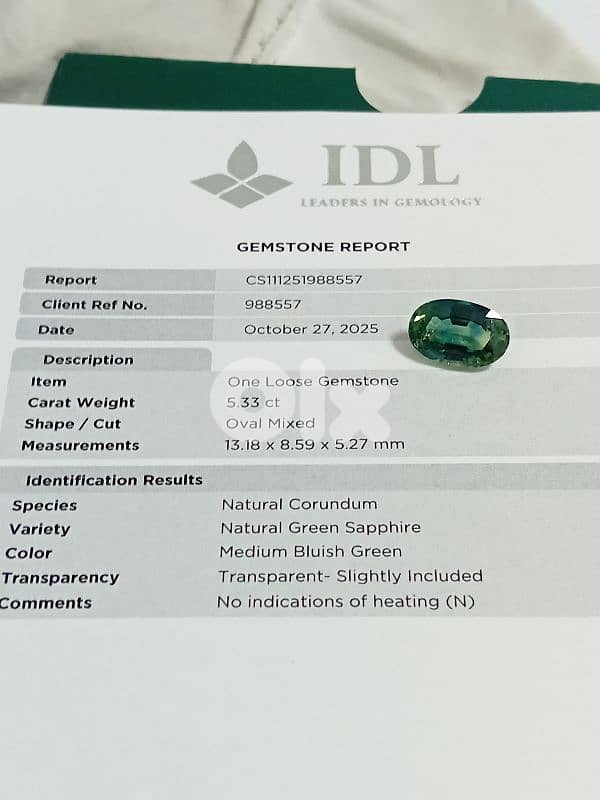 certified green sapphire 5.33 ct. no heat 1