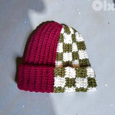 Handmade crochet half burgundy half olive and cream checkered beanie