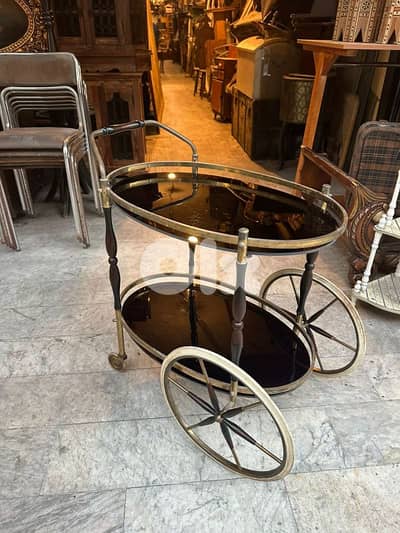 art deco brass and balck glass serving trolley 50s