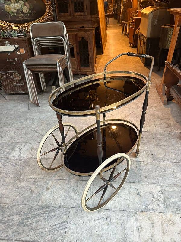 art deco brass and balck glass serving trolley 50s 4