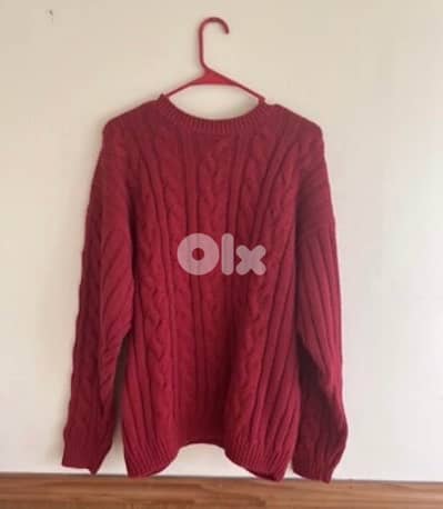 red cable knit cotton sweater