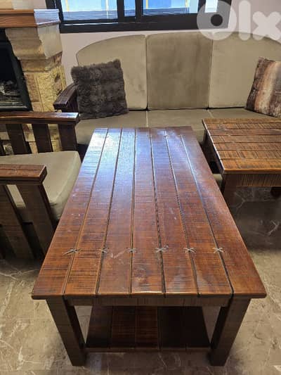 Heavy-duty solid wood living room set: 2 sofas + armchair + 2 tables