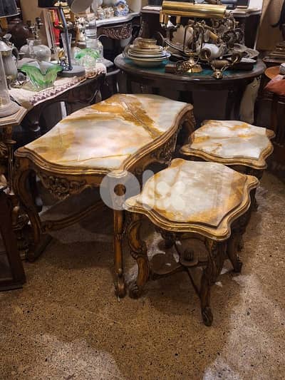 antique 3 tables wood and marble on top
