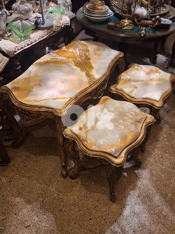 antique 3 tables wood and marble on top 3