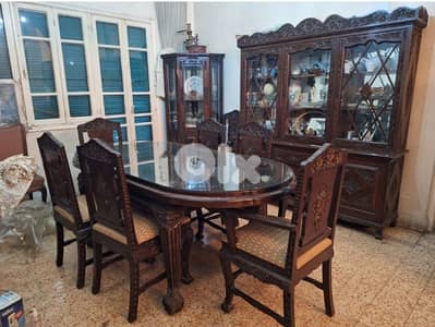 complete dining table and 8 chairs (2armchairs)  2 showcases